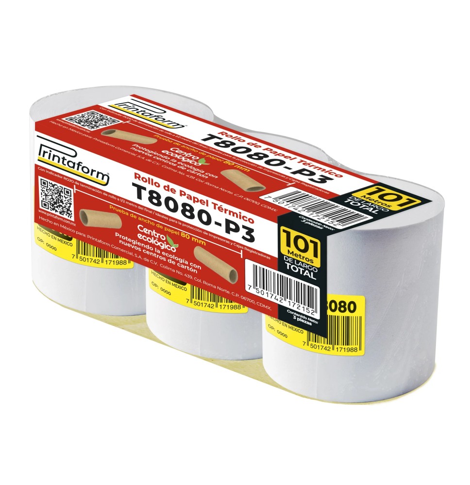 ROLLO TERMICO 80MM X 85MTS PAQ.C3 ROLLOS T8080 C.16